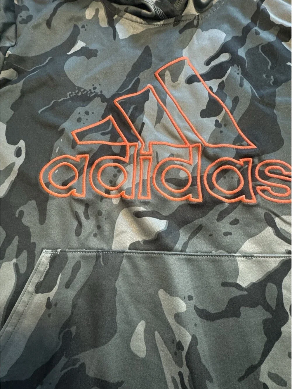 Adidas Boys M 10/12 Core Camo Hoodie Green Gray Orange Logo Pullover Youth